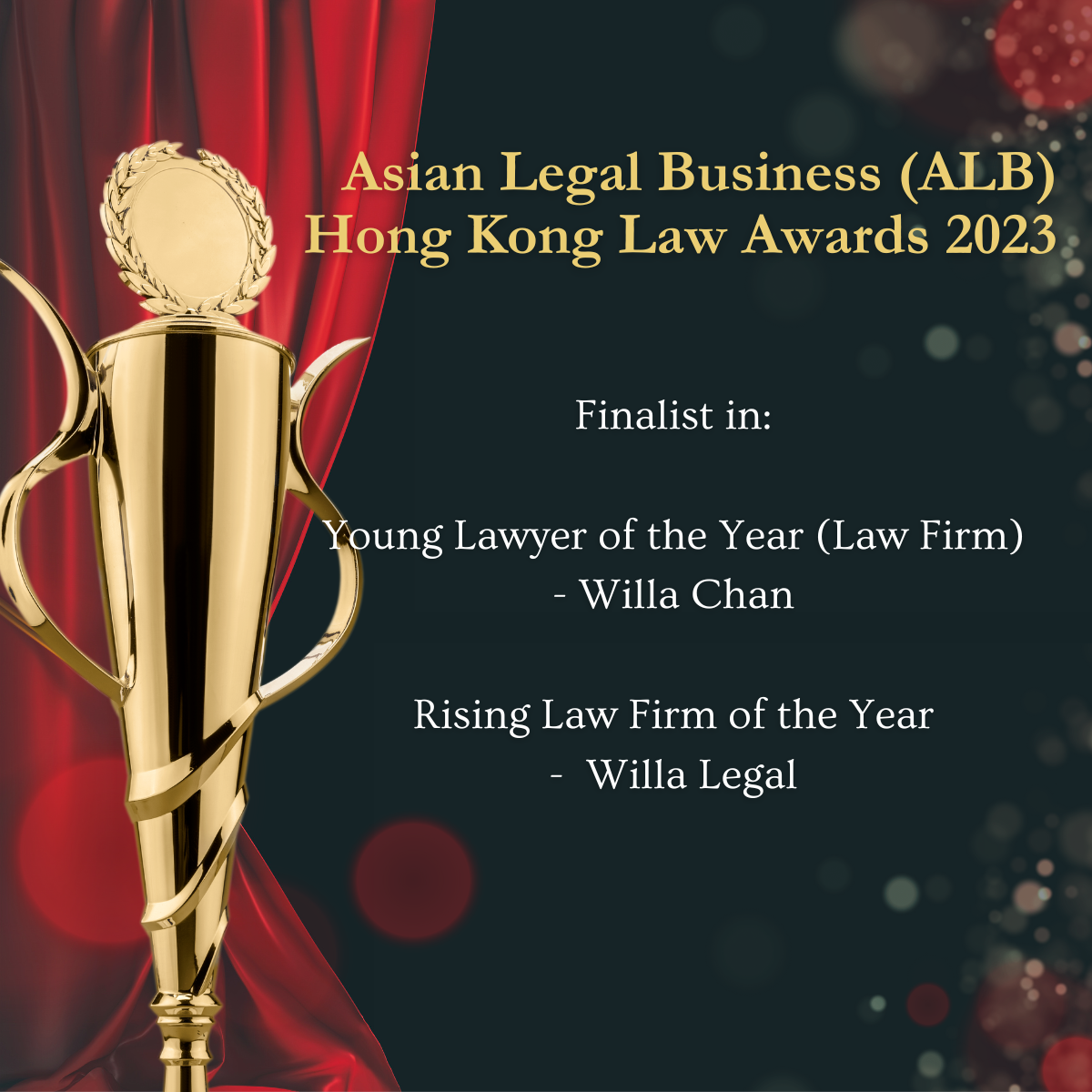 Willa Legal has been nominated as finalists in two categories for the ALB Hong Kong Law Awards 2023